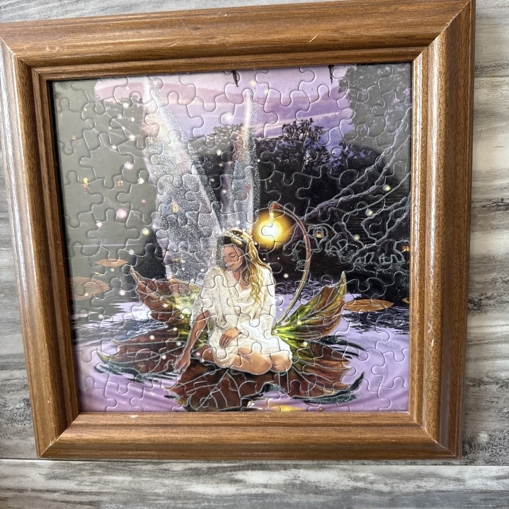 Vintage Fairy Wood Framed Art Puzzle Picture Cottagecore Decor 10.5 In Angel